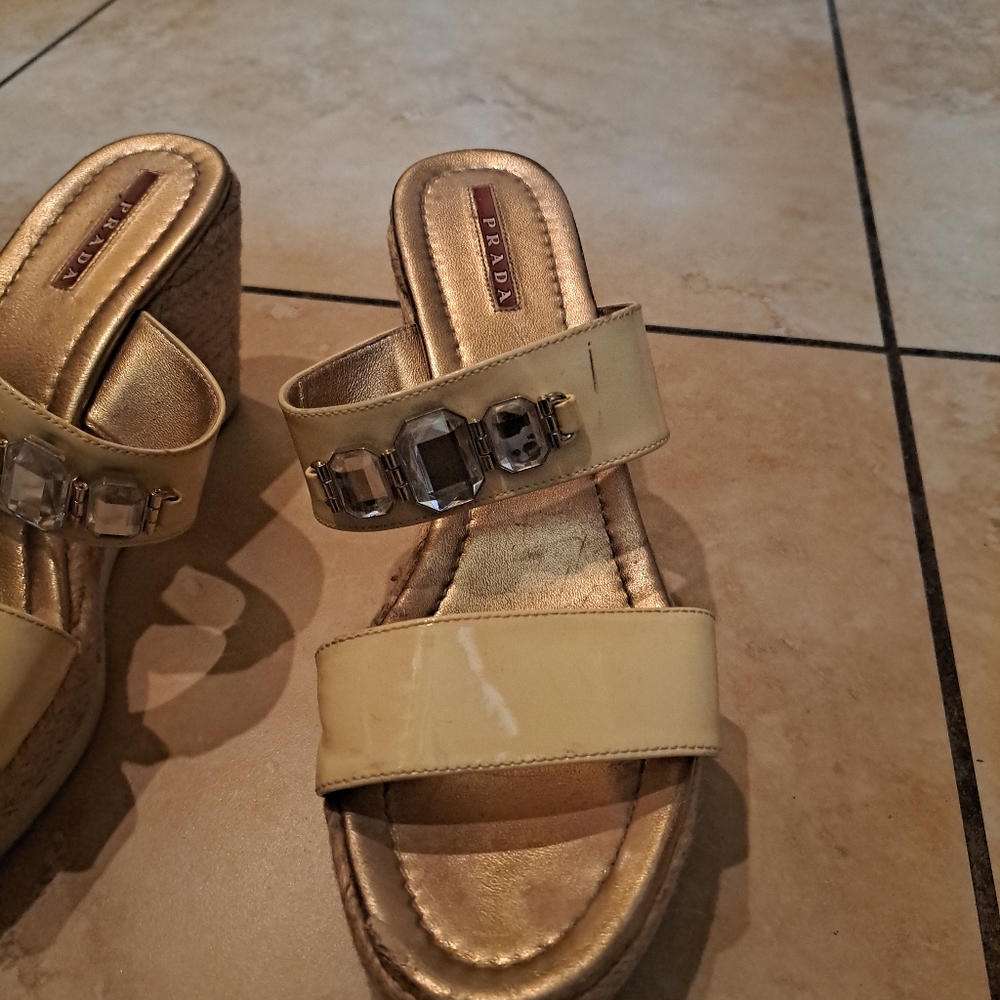 Prada Gold/Bronze Metallic Cork Wedge Heels 37/6.5